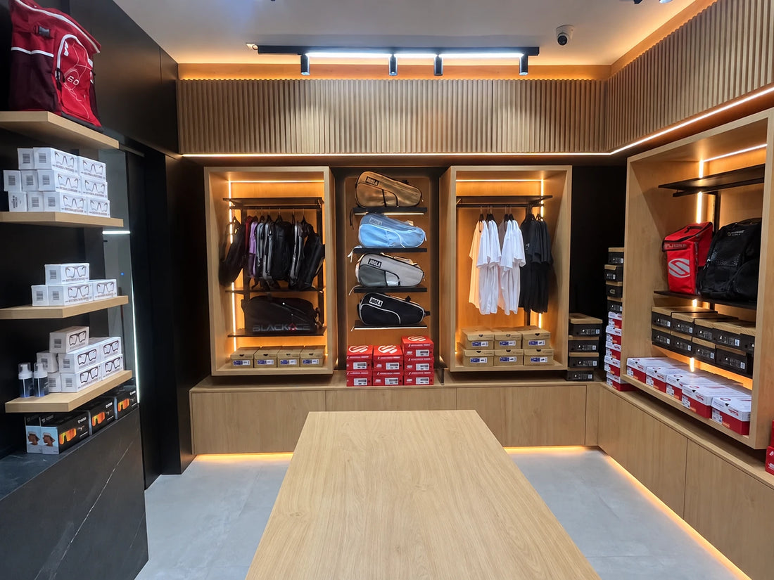 Bags, apparel and eyewear at Spinwave Boca: paddle bags and backpacks on lit wood shelves, shirts on rails and boxed eyewear on the side wall