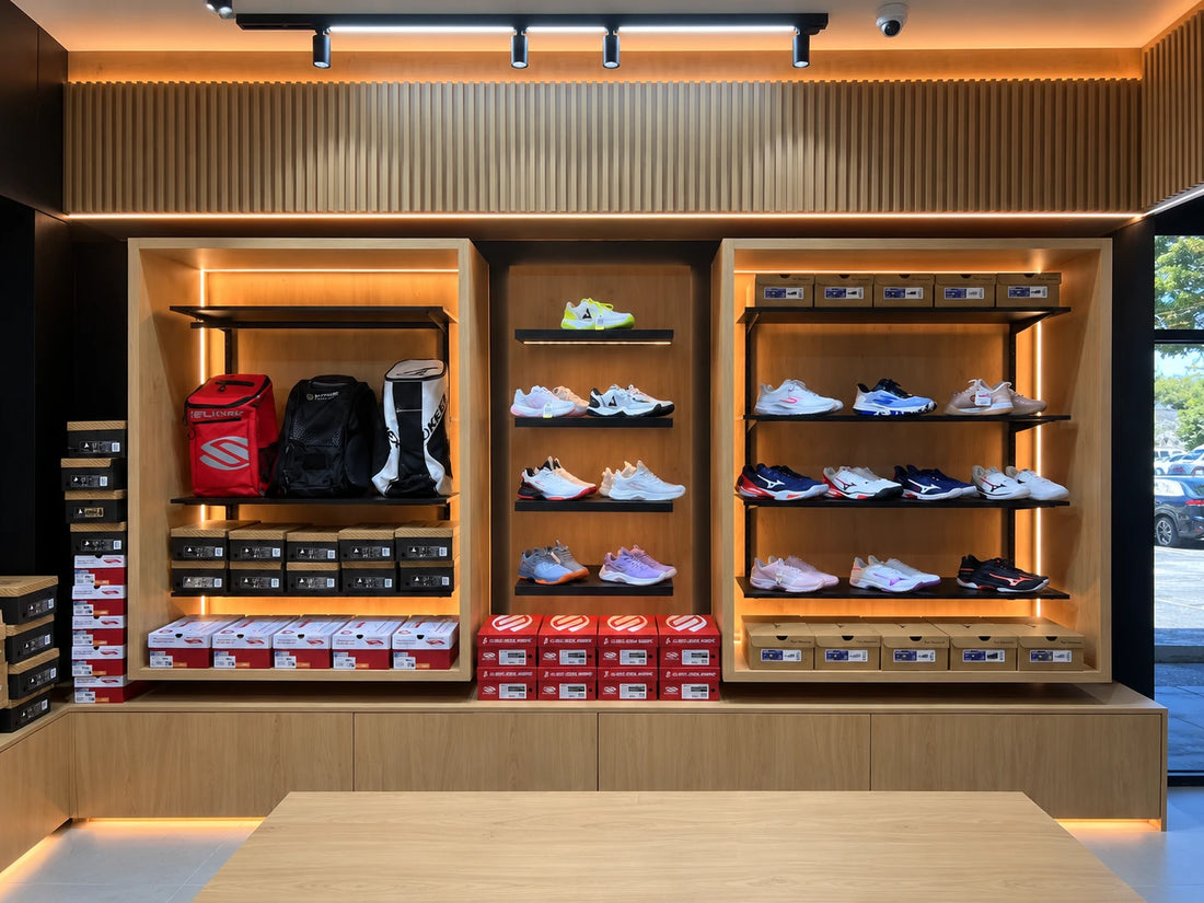 The court shoe wall at Spinwave Boca: pickleball shoes on lit shelves, with backpacks on the left and boxed shoes stacked below