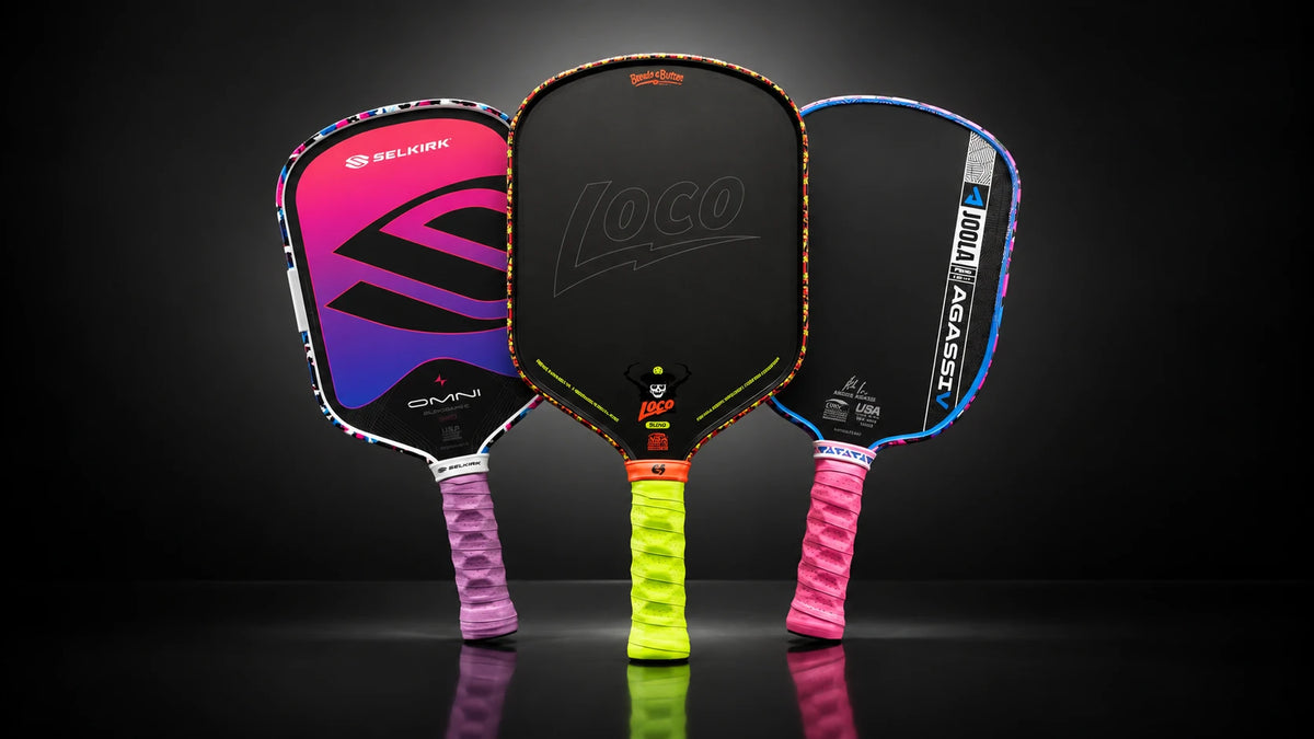 Three custom paddle builds with printed edge guards and bright grips: a Selkirk Omni, a Bread & Butter Loco and a JOOLA Agassi