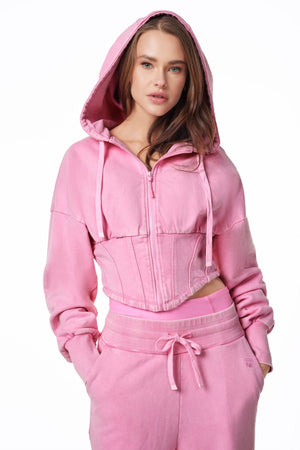 11Nil CALGARY CORSET FRENCH TERRY ZIP HOODIE - SNOW WASH PINK
