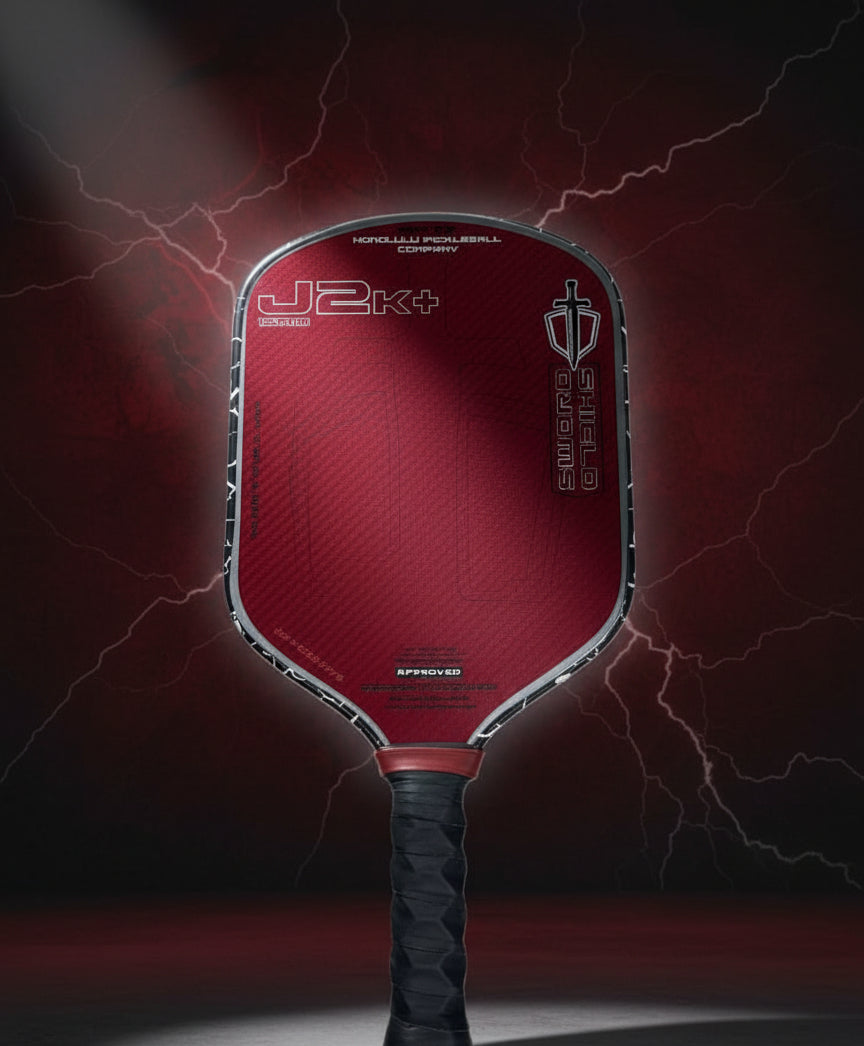 Custom Red HONOLULU Pickleball Company Sword & Shield J2K+ - Black Magma - Spinwave Pickleball Inc.