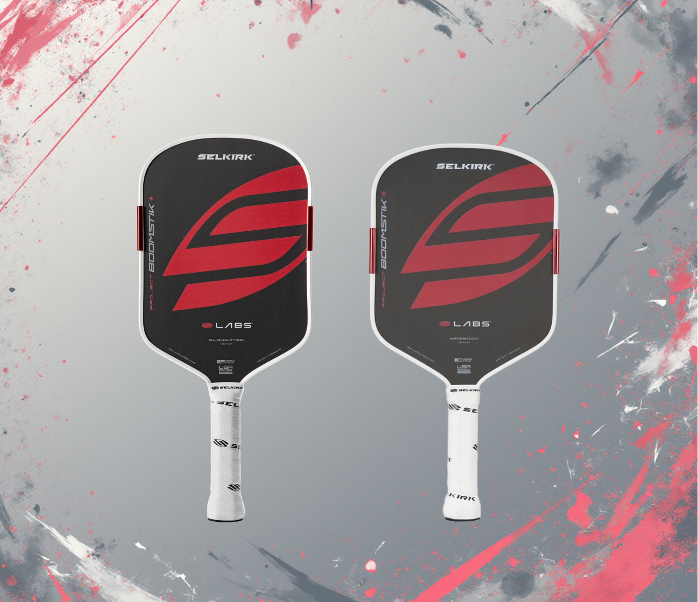 Two Selkirk pickleball paddles on a gray background with red and white abstract designs.