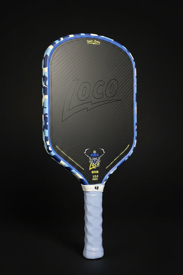 Custom Bread & Butter Loco Pickleball Paddle — Aqua Camo angled view — Spinwave Pickleball